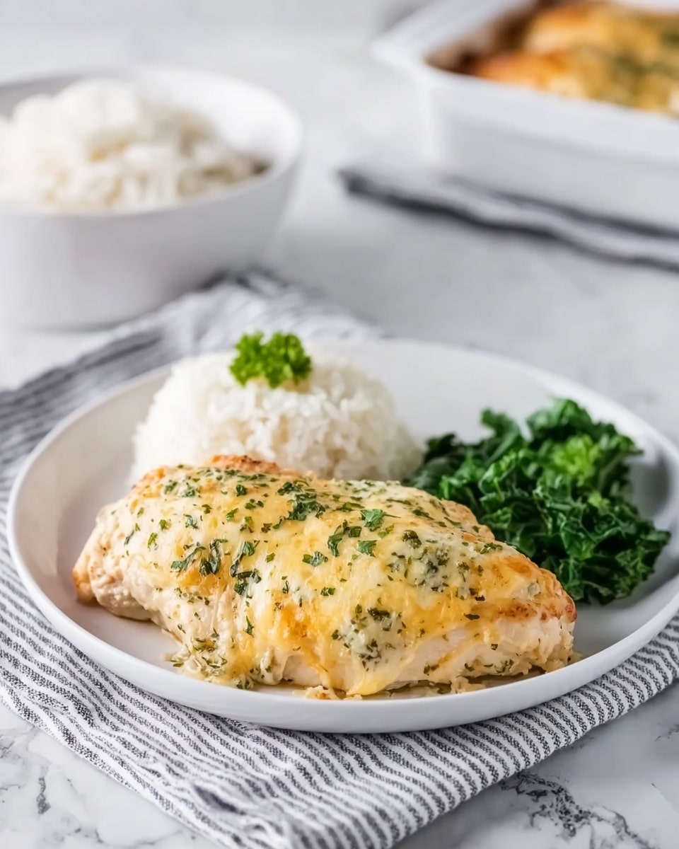 The dish shows two pieces of baked chicken covered with melted cheese and herbs, placed on the right side of a white plate. Behind the chicken, on the left side of the plate, there is a serving of white rice topped with a small green garnish. To the far right of the plate, there is a small portion of cooked leafy green vegetables. The plate is set on a white and gray striped cloth over a white marbled surface. In the background, there is a white bowl filled with more white rice and a white baking dish, both slightly blurred. Photo taken with an iphone --ar 4:5 --v 7