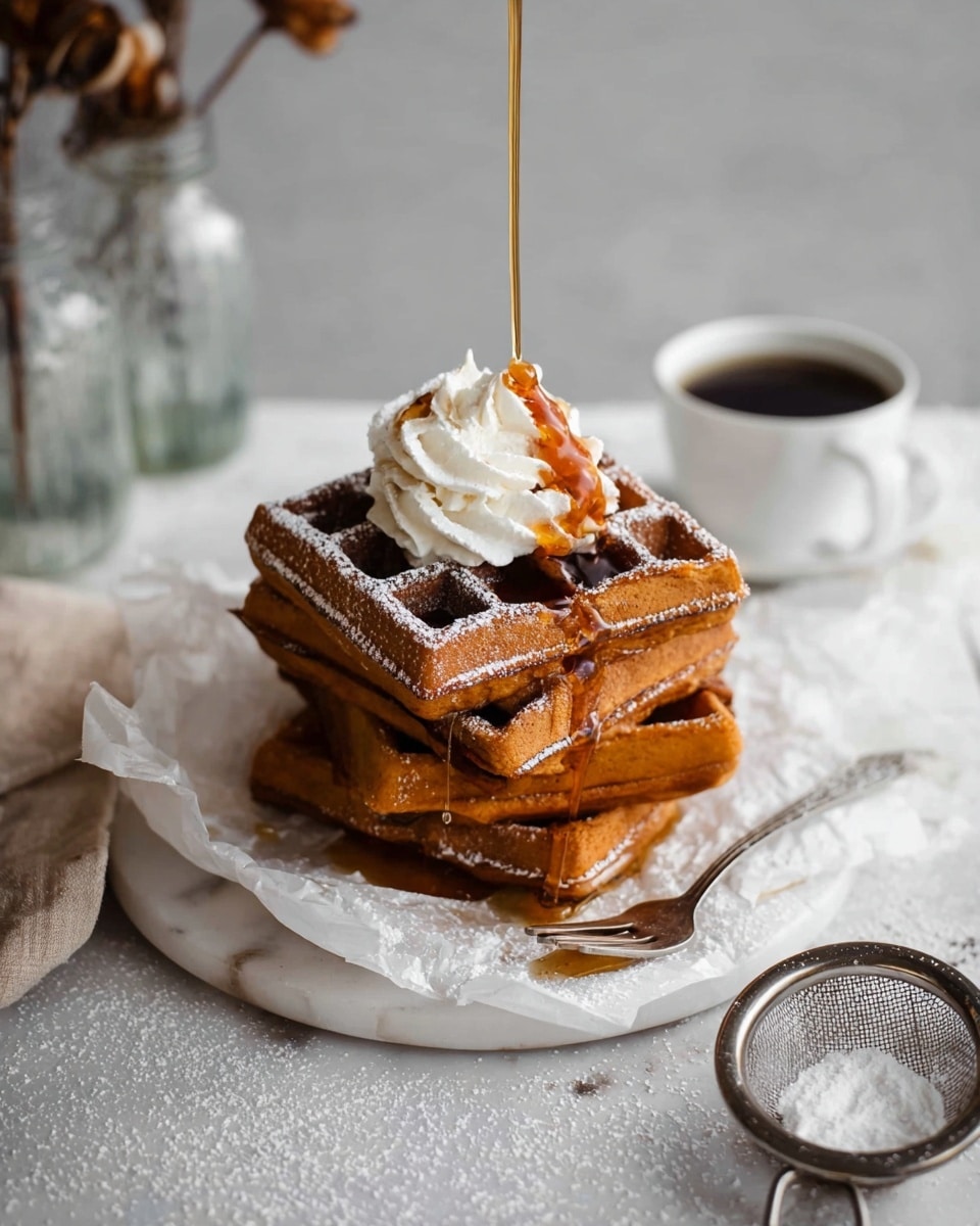A stack of four golden-brown waffles sits on a round white plate lined with white parchment paper, sprinkled lightly with powdered sugar. On top of the waffles, there is a swirl of white cream, and a thick stream of amber syrup is pouring down from above onto the cream and waffles, dripping down the sides. To the right, there is a small white cup filled with black coffee on a white saucer. A small silver fork rests on the plate next to the waffles, and a metal sieve with powdered sugar is placed nearby on a white marbled surface. In the background, there are clear glass jars and bottles adding a soft, out-of-focus detail. Photo taken with an iphone --ar 4:5 --v 7