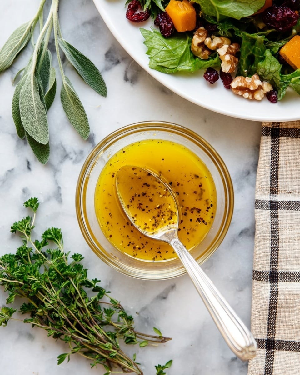 A clear glass bowl with a silver spoon inside holds a bright yellow dressing with small black pepperflakes, sitting on a white marbled surface. Around the bowl are fresh herb sprigs with green leaves, including parsley, thyme, and sage. To the right edge of the image, part of a white plate is visible, showing a salad with layered dark green leafy vegetables, orange squash cubes, walnuts, dried red cranberries, and small grains. A beige and black checkered cloth napkin is placed near the top right corner. photo taken with an iphone --ar 4:5 --v 7