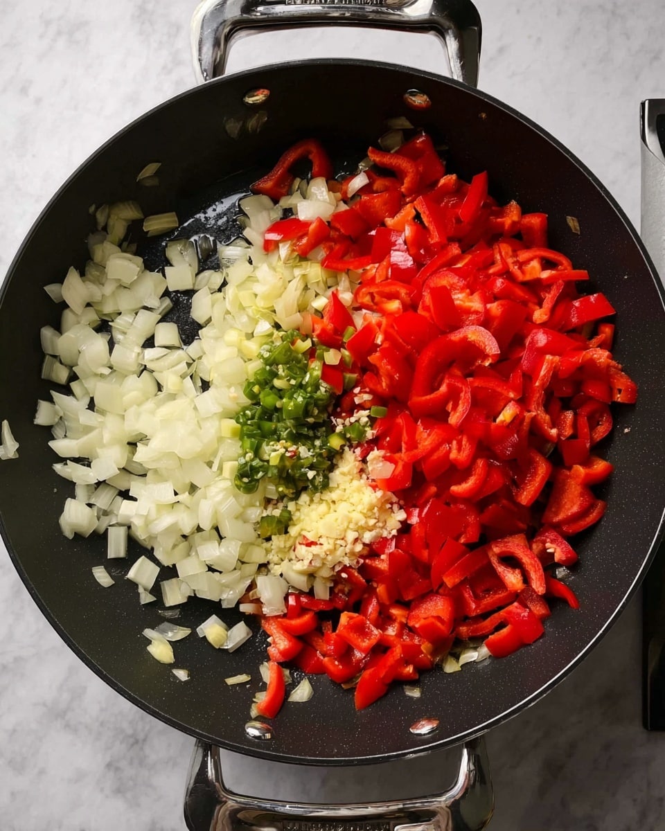 The image shows two parts of cooking in a black pan with handles visible on both sides, placed on a white marbled surface. In the top part, there are two clear layers: chopped white onions on the left side and sliced red bell peppers on the right side, both raw and fresh. In the bottom part, the onions and peppers are cooked, turning softer and slightly brown. In the center of the pan, on top of the cooked vegetables, there is a small pile of minced garlic and chopped green chili peppers, adding contrast with pale yellow and bright green colors. The pan’s black, shiny surface contrasts well with the vibrant colors of the ingredients. Photo taken with an iphone --ar 4:5 --v 7