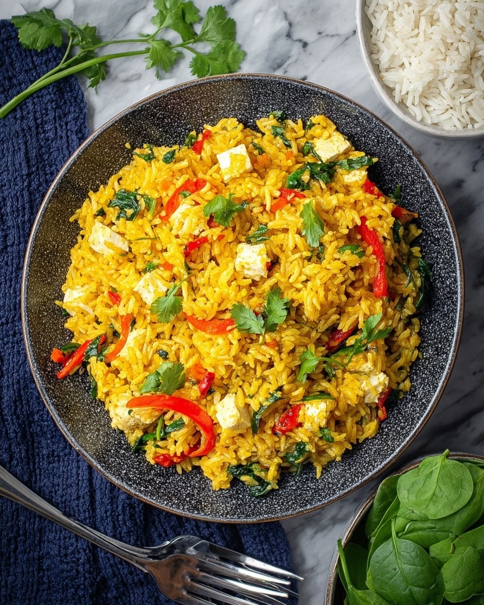 A large bowl with a dark speckled pattern holds a colorful dish of yellow rice mixed with bright red pepper strips, green leafy herbs, and small white cubes of paneer cheese. The rice looks fluffy and is spread evenly throughout the bowl, with the peppers and herbs dispersed closely among the rice grains. Around the bowl, there are a few sprigs of fresh cilantro, some loose grains of white rice, and a separate white bowl filled with green spinach leaves. The whole setup is on a white marbled surface with a dark blue textured cloth on the side and two metal forks nearby. Photo taken with an iphone --ar 4:5 --v 7