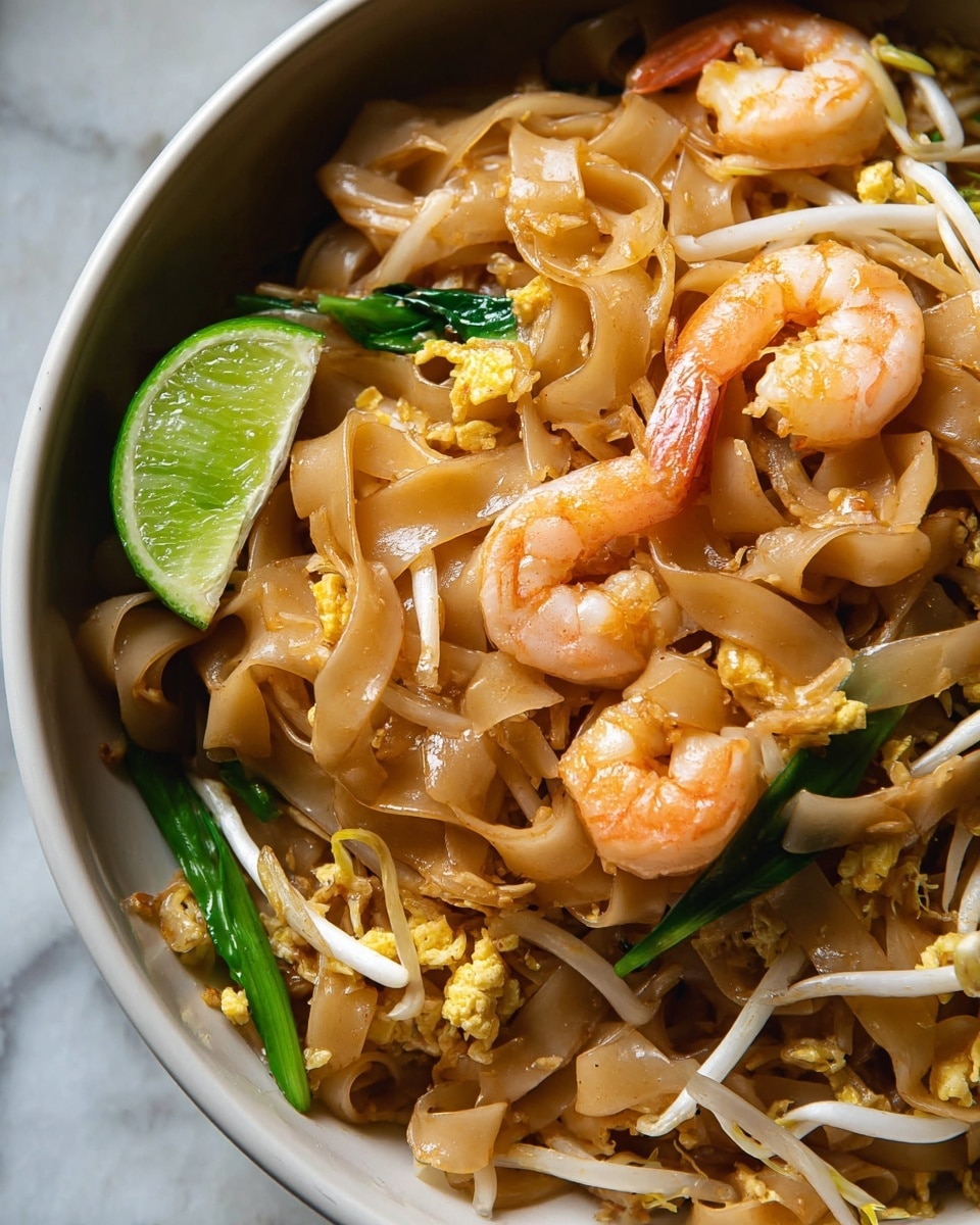 The image shows a close-up of a stir-fried noodle dish with three main layers. The bottom layer is wide, flat light brown noodles that look soft and shiny, spread in a bowl. On top of the noodles, there are several small pink shrimp with a slightly curled shape, mixed with small pieces of scrambled egg that add yellow bits. Bean sprouts with thin white stems and green leafy vegetables are scattered over the noodles, adding fresh touches of green and white. A wedge of lime sits on the edge of the bowl, adding a bright green color contrast. The bowl is white and the surface beneath it is a white marbled texture. photo taken with an iphone --ar 4:5 --v 7