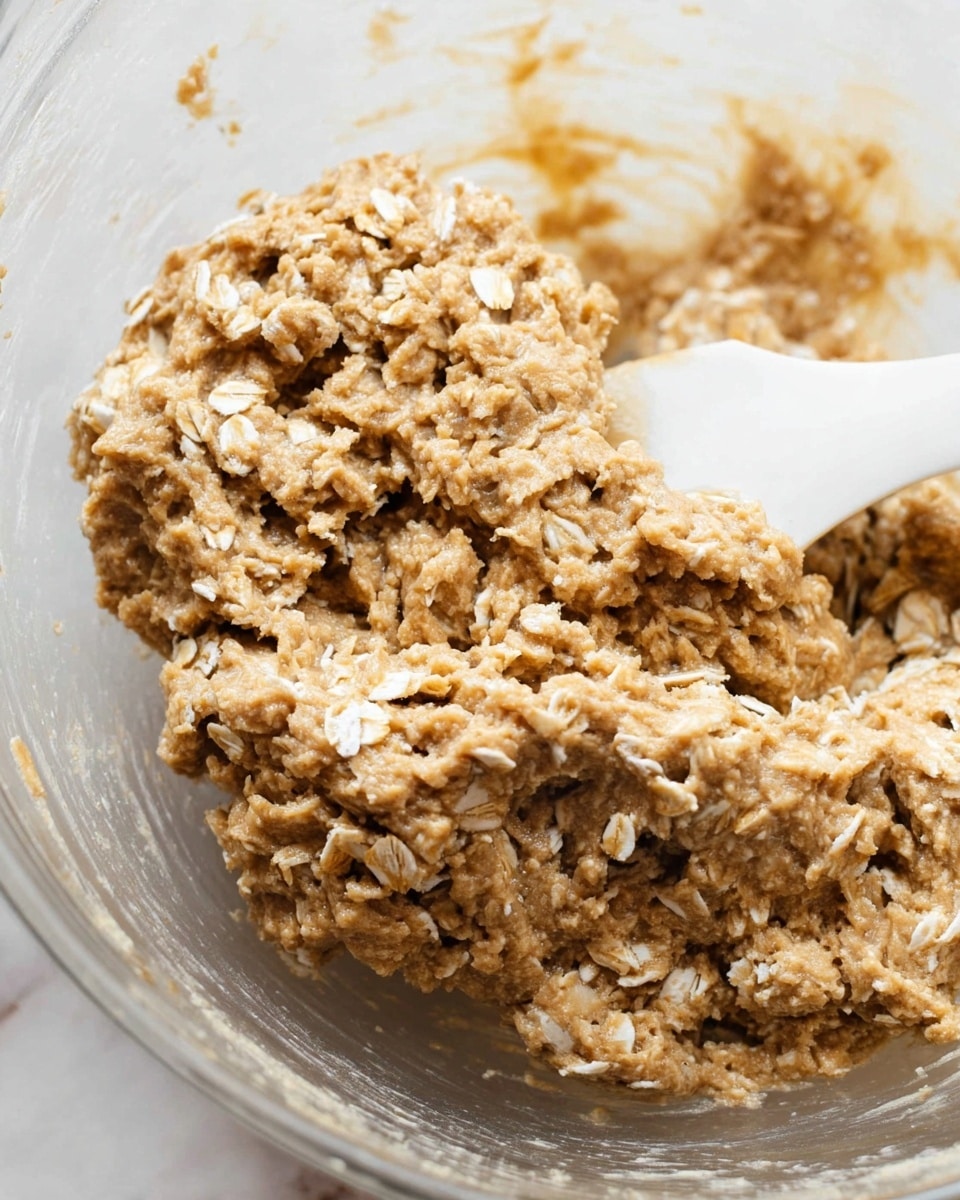 The image shows a close-up of thick cookie dough mixed with oats in a clear glass bowl. The dough has a light brown color with visible oat flakes throughout, giving it a rough and textured look. A white spatula is partially buried in the dough, lifting a clump, and the dough appears dense and sticky with an uneven surface. The background is a white marbled texture. photo taken with an iphone --ar 4:5 --v 7