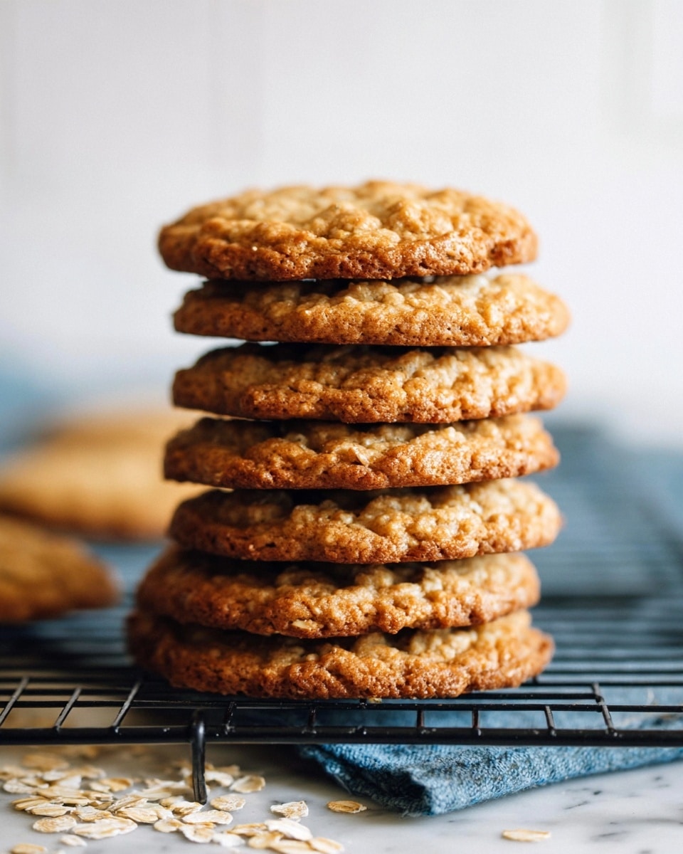 A stack of six oatmeal cookies is shown close-up, each cookie light brown with visible oats and a slightly rough texture. The cookies are stacked vertically on a black metal cooling rack with a blue cloth underneath. The scene has a soft focus background with a white marbled surface and scattered oat flakes in the front. Photo taken with an iphone --ar 4:5 --v 7