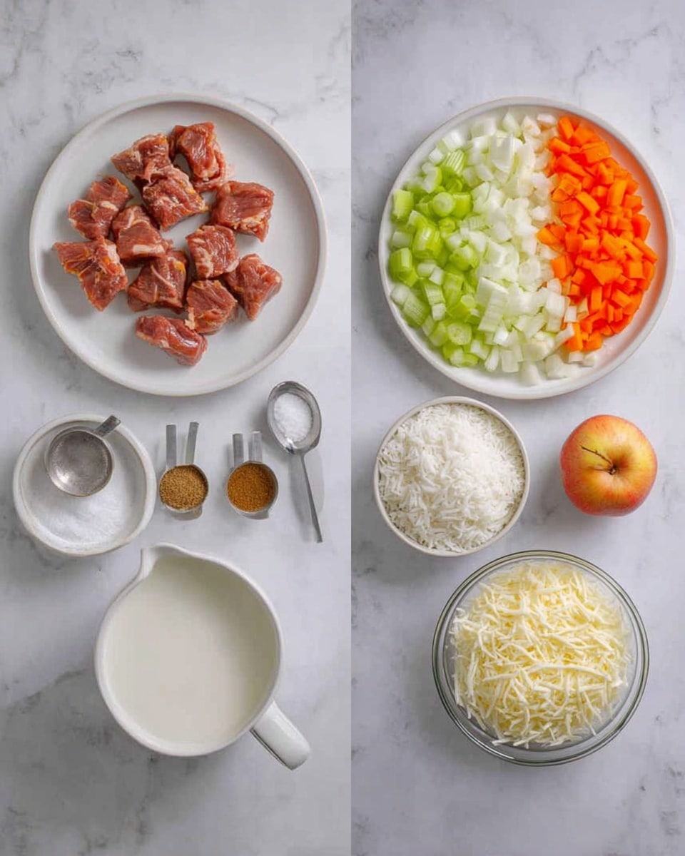 The image shows two white plates with ingredients arranged neatly on a white marbled surface. On the left, a white plate holds seasoned pieces of raw meat with a reddish-brown color, next to a round white plate with three small piles of brown spices and salt. Above these is a larger white plate divided into three sections with finely chopped orange carrots, light green celery, and white onions. A small metal measuring spoon and a small white container of a white powdery substance rest nearby. On the right, a white bowl is filled with white liquid, beside a white plate with shredded pale yellow cheese. Below these is a small glass bowl of white rice, with an apple peel resting on the surface near the bowl. photo taken with an iphone --ar 4:5 --v 7