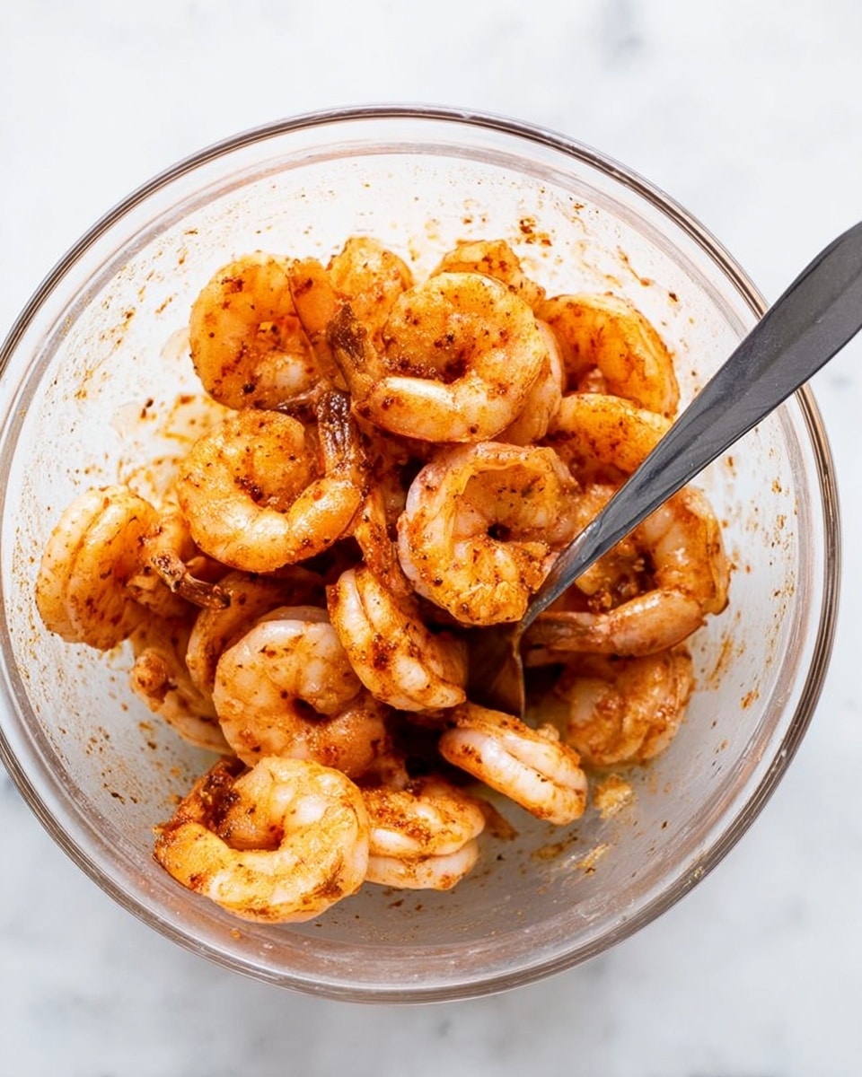A clear glass bowl filled with many cooked shrimp that have a light orange color with darker orange seasoning all over them. The shrimp are arranged in a rounded pile inside the bowl with some liquid at the bottom. A silver spoon is placed inside the bowl, its handle leaning out towards the viewer. The bowl rests on a white marbled surface. photo taken with an iphone --ar 4:5 --v 7