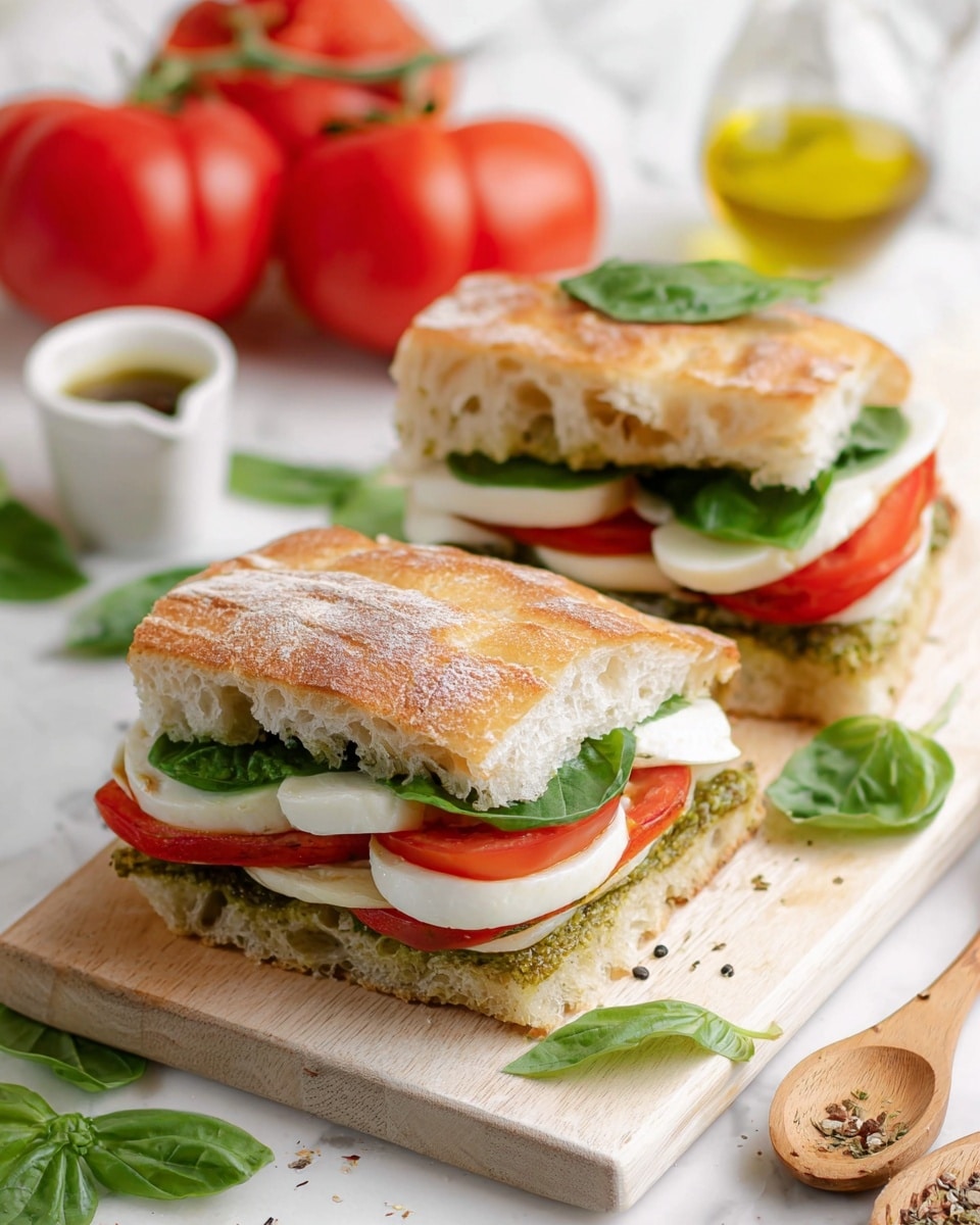 The image shows a sandwich cut in half, each half made with a light brown, crusty focaccia bread that has a soft, airy texture inside. The bottom layer is spread with a green pesto sauce, topped with fresh green spinach leaves. Above the spinach, there are thick white slices of mozzarella cheese, followed by bright red slices of tomato. On top of the tomato is a layer of fresh green basil leaves, with the top piece of focaccia finishing the sandwich. The sandwich halves rest on a wooden cutting board with some scattered green basil leaves around it, and behind the sandwich, red and green tomatoes are visible on a white marbled surface. A small white cup with olive oil and a wooden spoon with pepper sit nearby. photo taken with an iphone --ar 4:5 --v 7