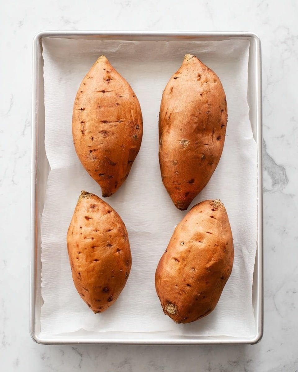 Four whole sweet potatoes with light brown skin and some small dark spots are placed in two rows on a white baking tray lined with white parchment paper. The tray is on a white marbled surface. Photo taken with an iphone --ar 4:5 --v 7