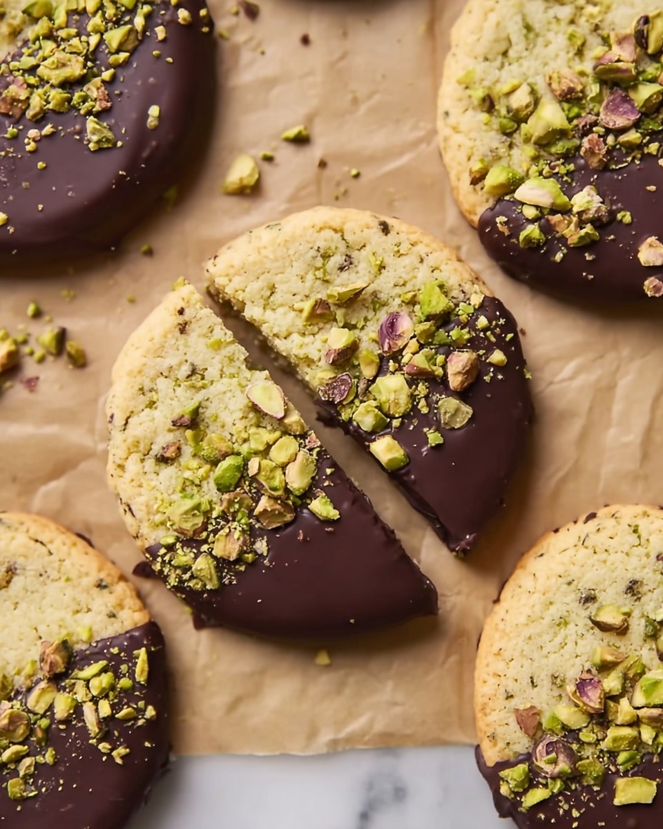 The image shows several round, light golden cookies with green pistachio pieces mixed into the dough, each cookie dipped halfway in smooth dark chocolate. On top of the chocolate part, chopped pistachios are sprinkled generously, adding texture and vibrant green color contrast. The cookies are placed on a light brown parchment paper on a white marbled surface, arranged in a casual but clear view, highlighting the different textures and colors of the cookies. photo taken with an iphone --ar 4:5 --v 7