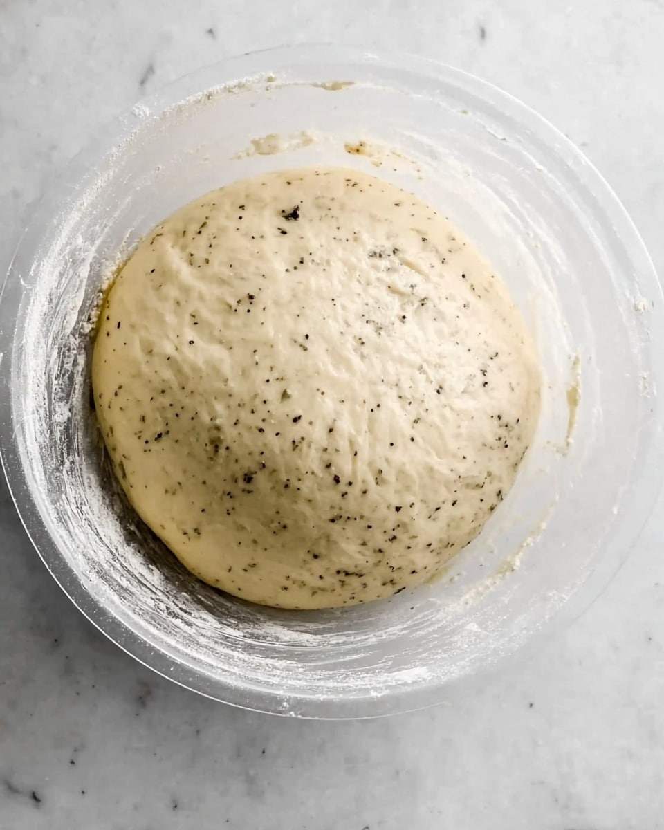 A round dough ball with small black specks spread evenly throughout rests inside a clear mixing bowl. The dough has a smooth and slightly shiny texture with a few dimples and uneven spots on its surface. The inside of the bowl shows some remnants of flour and dough stuck on the sides. The entire setup is placed on a white marbled surface. photo taken with an iphone --ar 4:5 --v 7