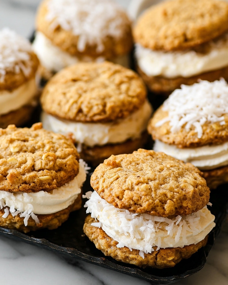 The image shows several sandwich cookies arranged closely together on a black tray. Each sandwich cookie has two rough-textured, golden brown oat cookies as the top and bottom layers, with soft white cream in between. The cream filling is thick and generously spread, with shredded white coconut flakes pressed along the edges, giving a textured look. The cookies have a homemade, slightly uneven shape with visible oat pieces, and the overall scene is detailed and sharp. The background is a white marbled surface. Photo taken with an iphone --ar 4:5 --v 7