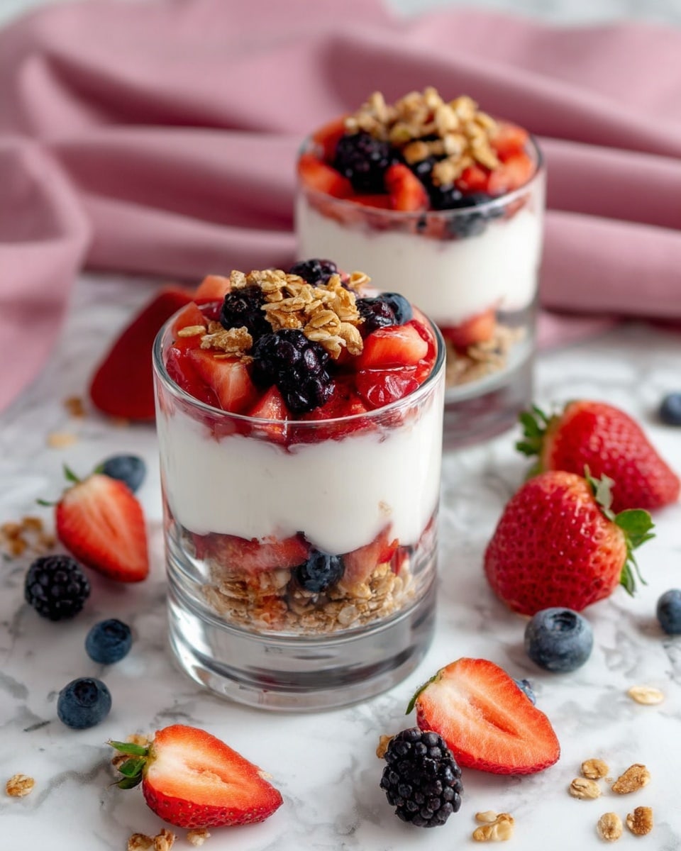 Two clear glass cups each have three layers of food. The bottom layer is light brown granola with a crunchy texture. Above that is a thick white creamy layer. The middle layer is red pieces of strawberries. Another creamy white layer is on top. The final layer is a mix of bright red strawberry pieces, dark blue blueberries, and dark purple blackberries, along with some more granola on top. The cups are placed on a white marbled surface with scattered fresh strawberries, blueberries, blackberries, and some granola around them. A soft pink cloth is in the background. Photo taken with an iphone --ar 4:5 --v 7
