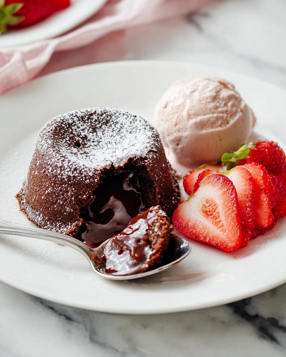 A white plate holds a small chocolate lava cake with a bite taken from its side, showing smooth, dark melted chocolate inside. The top of the cake is dusted with white powdered sugar. Next to the cake, there is a scoop of light pink ice cream with a soft, creamy texture. In front of the ice cream, thinly sliced bright red strawberries with green leaves are fanned out neatly. A silver spoon rests on the plate, holding a piece of the chocolate cake. The background is a white marbled surface. Photo taken with an iphone --ar 4:5 --v 7