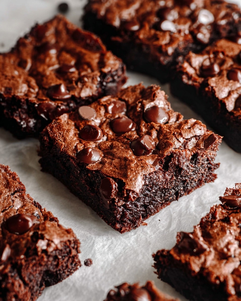 The image shows several thick, square-shaped chocolate brownies arranged closely on white parchment paper over a white marbled surface. Each brownie has a dark brown, rough textured base with a cracked top layer, showing a dense and fudgy interior. On top of the brownies, there are shiny, melted chocolate chips scattered unevenly, adding a glossy contrast to the matte texture beneath. The overall look is rich and indulgent, with the brownies displayed in a casual, slightly overlapping manner. Photo taken with an iphone --ar 4:5 --v 7