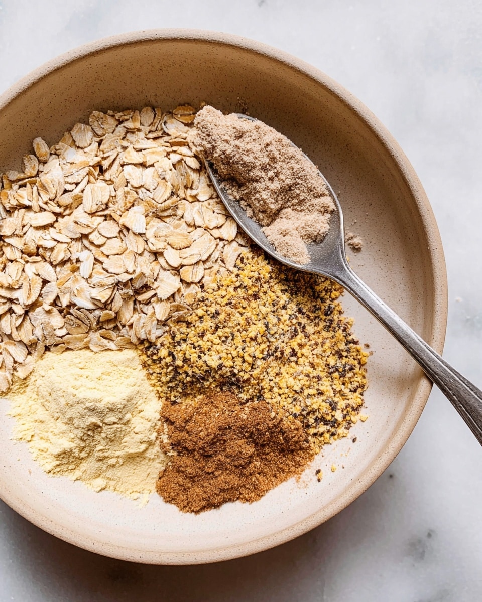 The image shows a close-up of a light beige bowl filled with four different dry ingredients in layers. The base layer is flat oats, light brown with a rough texture, taking about half of the bowl space. On the right side, there are two powders: one is pale yellow, smooth and fine, and the other is light brown cinnamon powder, soft and dusty. There is also a small mound of crushed seeds or grains with a mix of yellow, brown, and black colors, coarse and grainy, placed close to the oats and powders. A metal spoon with a slightly worn surface rests diagonally in the bowl over the oats. The bowl is placed on a white marbled surface. Photo taken with an iphone --ar 4:5 --v 7