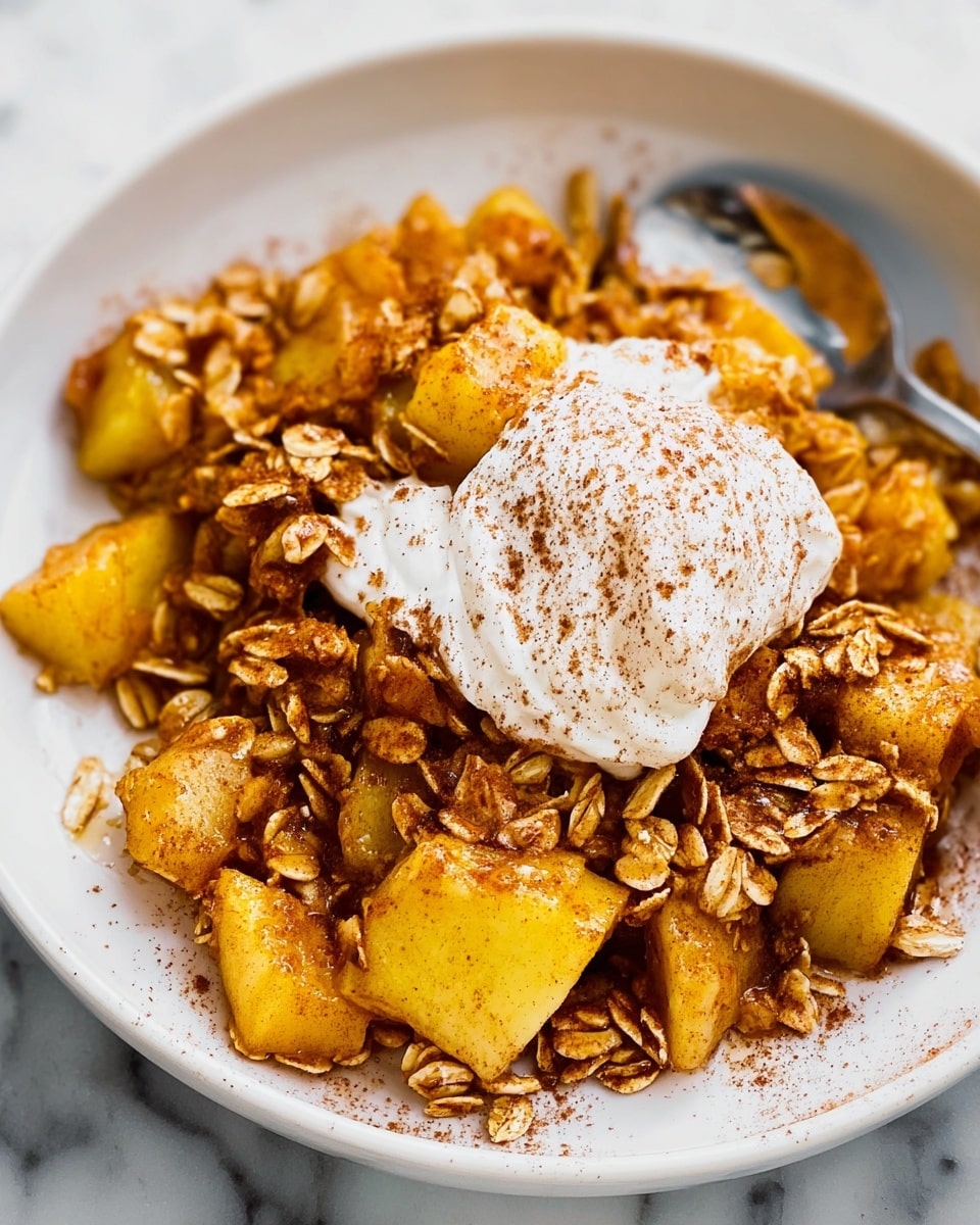 The image shows a white plate filled with a layered dish. The base layer is made of golden-yellow cooked apple chunks mixed with toasted oats that have a soft but slightly textured look. These ingredients are coated in a warm brown cinnamon spice that clings to both the apples and oats. On top of this base is a single dollop of creamy white yogurt or cream, sprinkled with fine cinnamon powder for added color and texture contrast. The plate sits on a white marbled surface, and a silver spoon peeks from the right side, partially under the food. photo taken with an iphone --ar 4:5 --v 7