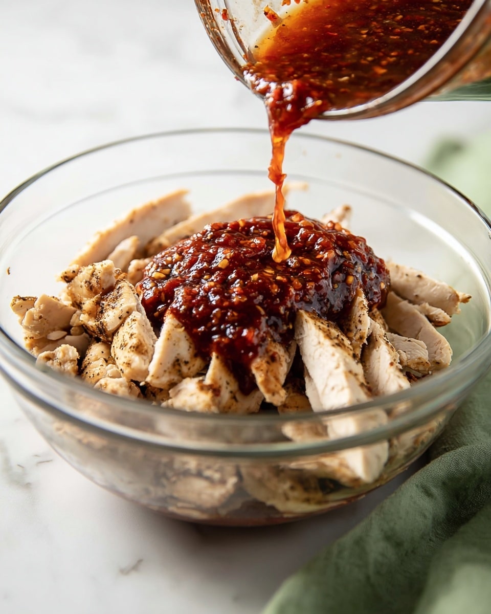 A clear glass bowl sits on a white marbled surface, filled with a single layer of white grilled chicken strips that have light brown grill marks and a slightly rough texture. On top, a thick, dark red chili sauce with visible chili seeds is being poured in a thin stream, creating a small pool that spreads over the chicken pieces. The sauce looks glossy and textured, contrasting against the pale chicken. In the background, there is a soft blurred white marbled surface and a green cloth slightly visible at the lower right corner. photo taken with an iphone --ar 4:5 --v 7