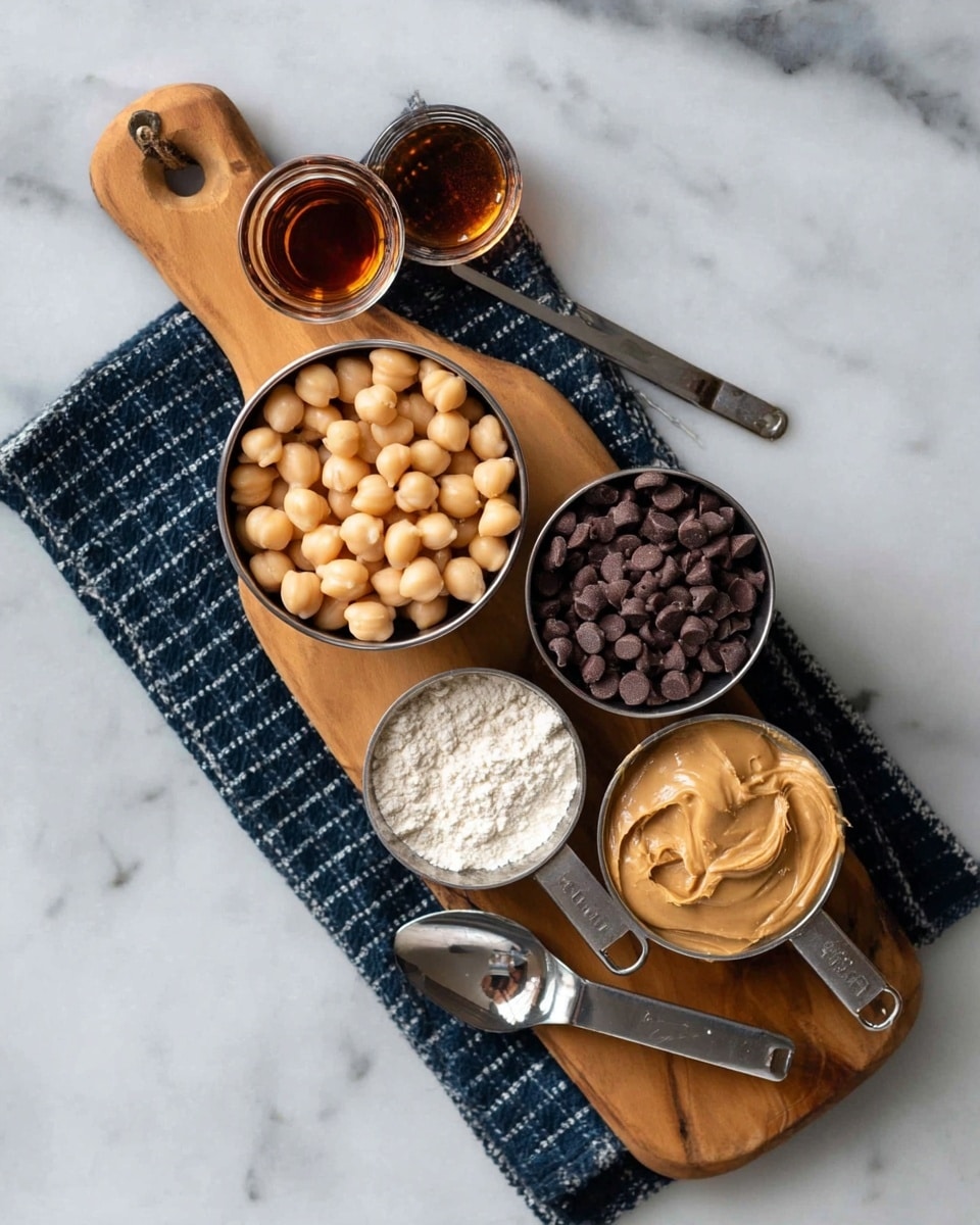A wooden board on a white marbled surface holds different measuring cups with ingredients arranged neatly on a dark blue checkered cloth underneath. The largest cup on the left is filled with light beige chickpeas, next to a smaller cup with dark brown chocolate chips on the right. Below the chickpeas is a cup with smooth, creamy peanut butter in light tan color. Under the peanut butter is a small cup filled with white flour. Two small metal spoons at the top of the board contain a dark amber liquid, placed side by side near the handle of the wooden board. photo taken with an iphone --ar 4:5 --v 7