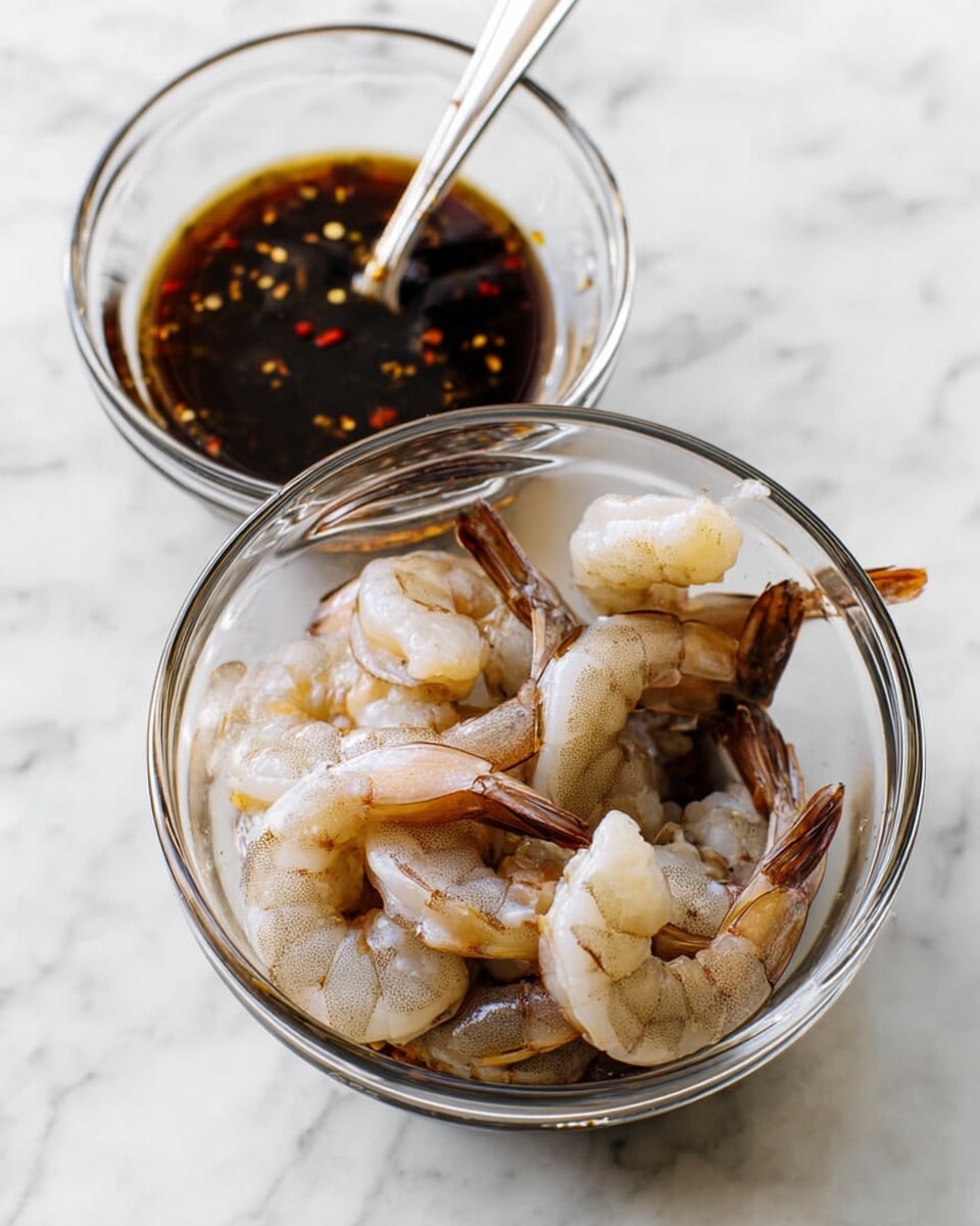 A clear glass bowl holds a mix of large raw shrimp, pale grayish with hints of pink and black on their tails, sitting in a dark brown sauce with visible red pepper flakes. Behind it, a smaller clear glass bowl contains more of the same dark sauce with a silver spoon inside. Both bowls rest on a white marbled surface. The shrimp are arranged loosely, some curved and some straight, partially submerged in the glossy sauce. photo taken with an iphone --ar 4:5 --v 7