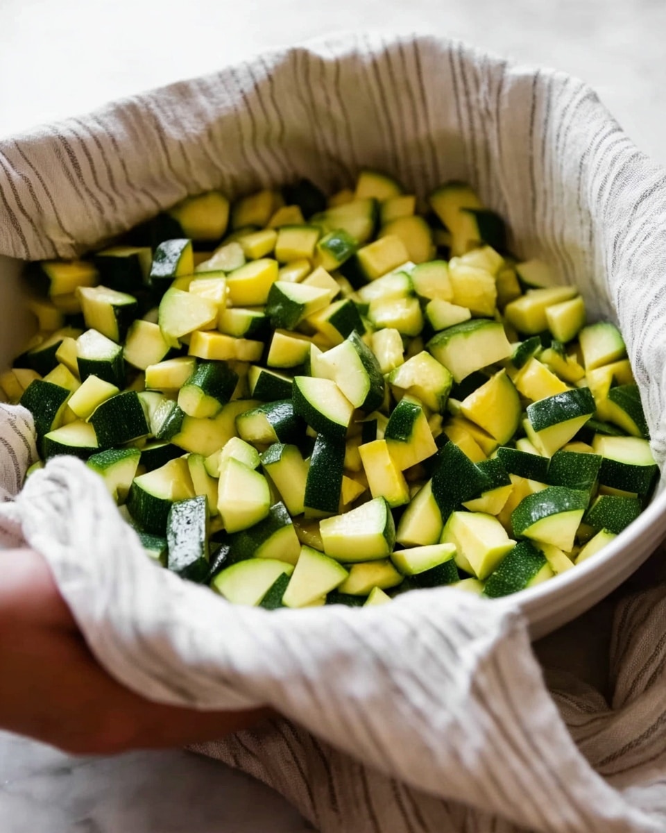 The image shows a white bowl lined with a light beige striped cloth, filled with small, light green and yellow pieces of chopped zucchini. The zucchini pieces have a fresh, slightly shiny texture and are cut into small cube shapes. The bowl sits on a white marbled surface, and a woman’s hand gently holds the edge of the cloth draped over the bowl. photo taken with an iphone --ar 4:5 --v 7