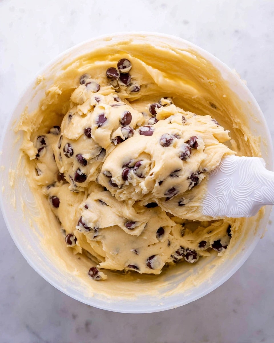 The image shows a close-up of a thick, creamy cookie dough mixture in a white bowl. The dough is pale yellow in color and has many dark brown and white chocolate chips spread evenly throughout. The texture looks smooth and slightly sticky, with the dough stretching softly. Inside the bowl, there is a white spatula with a spider web pattern holding some of the dough, positioned on the right side. The background is a white marbled surface. photo taken with an iphone --ar 4:5 --v 7