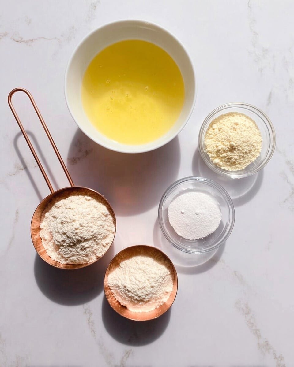 The image shows ingredients arranged on a white marbled surface: a white bowl filled with a yellow liquid, two copper measuring cups filled with a pale flour-like powder, and three small clear glass bowls containing white and light beige powders. The ingredients are spaced out neatly and lit by natural light from above, highlighting their textures and colors. photo taken with an iphone --ar 4:5 --v 7