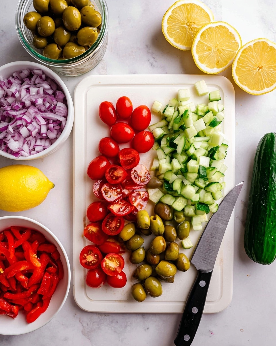 The image shows a white cutting board placed on a white marbled surface with several fresh ingredients arranged on it and around it. On the board, there is a row of small red grape tomatoes, some whole and some sliced in half, positioned near the bottom. Above the tomatoes, there is a pile of green olives, some whole and some cut in halves. To the top right of the olives, there is a pile of chopped cucumber pieces with dark green skin and pale green flesh, next to a whole cucumber on the right edge of the board. At the top left of the board, there is a glass jar filled with whole green olives. A large kitchen knife with a black handle rests diagonally on the board below and extending past the tomatoes. Surrounding the board, there is a small white bowl filled with finely chopped purple onions at the top, with two halved, juiced lemons beside it. To the bottom left, there is another white bowl filled with chopped red bell peppers. The background features a clean white marbled surface. Photo taken with an iphone --ar 4:5 --v 7