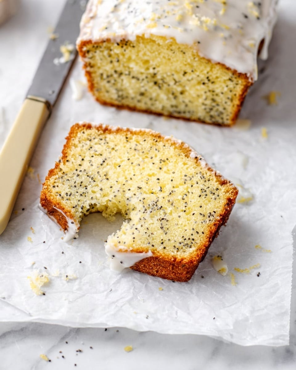 Two slices of yellow poppy seed cake with white glaze on top sit on white parchment paper over a white marbled surface. One slice is whole while the other has a bite taken out, showing a moist texture with small black poppy seeds spread evenly throughout. There are small smudges of white glaze around the slices and a beige-handled knife rests nearby on the left side. The edges of the cake are slightly browned, adding contrast to the soft yellow inside photo taken with an iphone --ar 4:5 --v 7