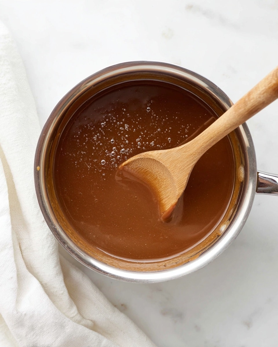 A top-down view of a shiny silver pot filled with a smooth, rich brown sauce that has a few tiny bubbles on the surface. Inside the pot is a light wooden spoon stirring the sauce, with the spoon’s rounded end partially submerged and coated with the thick sauce. The pot rests on a white marbled surface, and a white cloth is softly folded in the bottom left corner of the image. The overall look is clean and bright with the focus on the warm, glossy sauce in the pot photo taken with an iphone --ar 4:5 --v 7