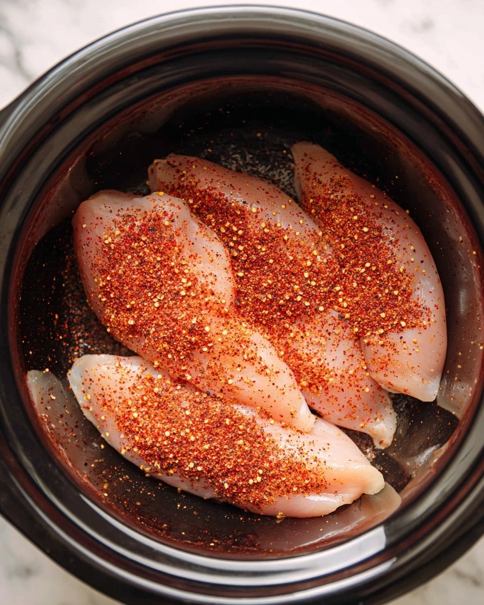 Inside a dark round cooker, there are three raw pale pink chicken fillets placed flat and close together at the center. Each fillet is sprinkled evenly with a bright orange-red spice mix that has a coarse texture, giving the surface a slightly grainy look. The cooker has a shiny black inner surface that curves smoothly around the chicken. The image is framed by the round rim of the cooker, and the scene is set against a white marbled texture. photo taken with an iphone --ar 4:5 --v 7