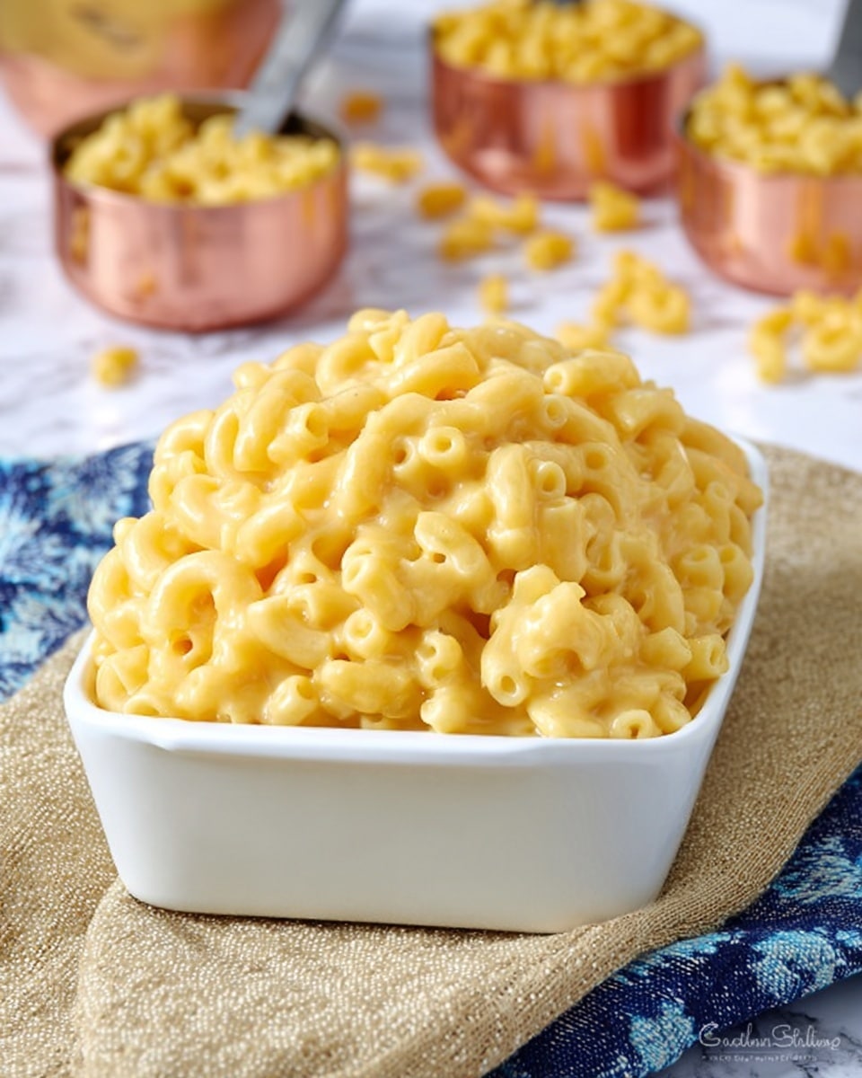 A white rectangular dish filled with a large mound of creamy, bright yellow macaroni and cheese with small elbow-shaped pasta pieces tightly coated in melted cheese sauce. In the blurred background, there are four copper-colored measuring cups filled with uncooked elbow macaroni, scattered on a white marbled surface with some dry pasta pieces spread around. The dish sits on a beige woven fabric over a blue and white cloth. Photo taken with an iphone --ar 4:5 --v 7