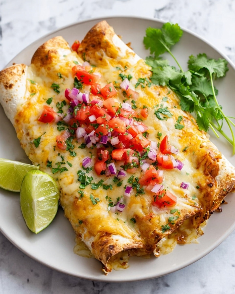 Three rolled tortillas filled and topped with melted pale yellow cheese that looks soft and creamy form the main layer on a white plate. On top of the cheese, there are small, bright red diced tomatoes, tiny purple onion pieces, and chopped green herbs, adding a fresh, colorful contrast. Two lime wedges and some green cilantro leaves sit on the side of the plate. The plate is placed on a white marbled surface. photo taken with an iphone --ar 4:5 --v 7