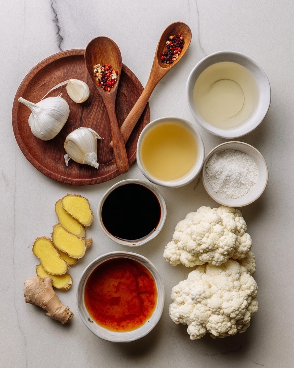 The image shows various cooking ingredients neatly arranged on a white marbled surface. There is a round wooden board holding two garlic cloves and two wooden spoons filled with salt and red pepper flakes. To the right, three small white bowls contain clear liquid, yellow liquid, and dark soy sauce, respectively. Below them, fresh ginger pieces are placed with two slices showing a bright yellow inside. Next to the ginger, a white bowl holds a rich orange-red sauce. On the right side, three cauliflower florets sit near the bowls. Lastly, a wooden spoon filled with white powder is positioned in the lower right corner. Photo taken with an iphone --ar 4:5 --v 7