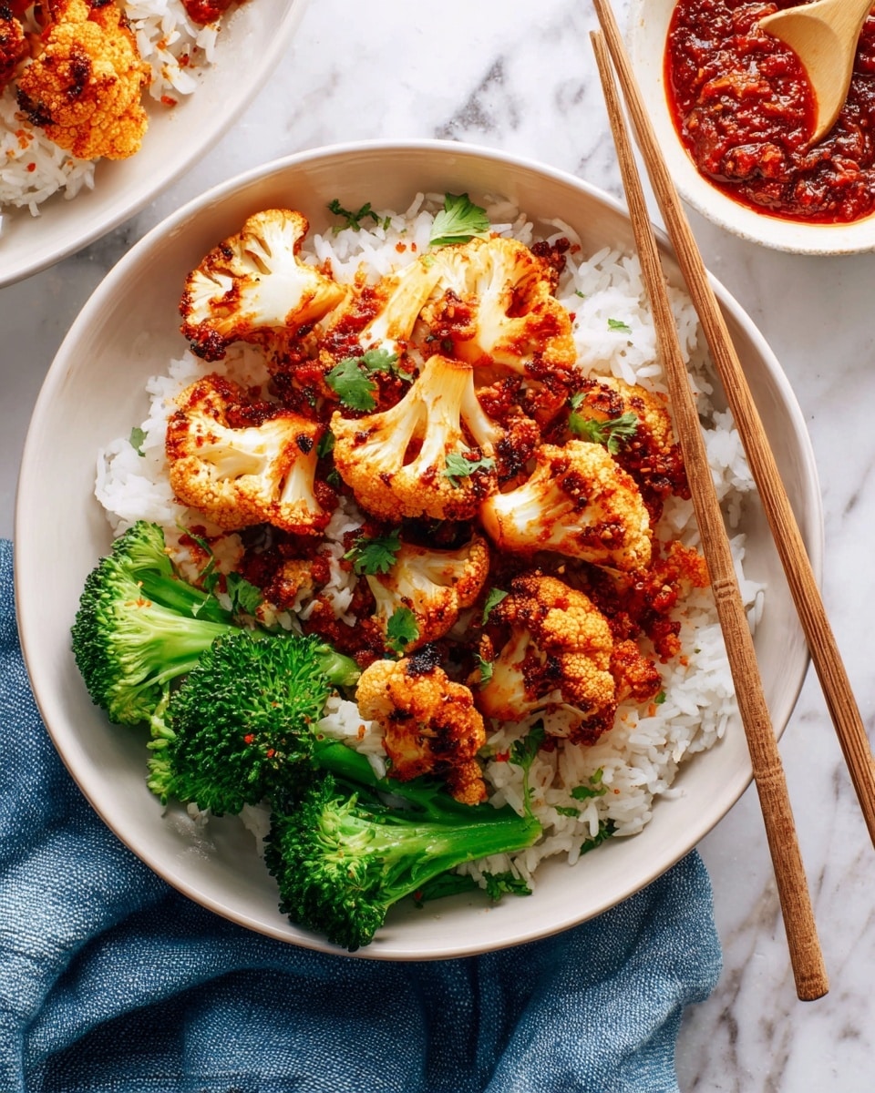A white bowl filled with a base layer of fluffy white rice topped with a generous portion of roasted golden-brown cauliflower florets, slightly charred with a reddish seasoning and sprinkled with small green herb leaves. To the side, there are bright green steamed broccoli florets nestled against the cauliflower. A pair of wooden chopsticks rests on the edge of the bowl, placed over a blue fabric napkin. Nearby, a small white bowl contains a chunky red sauce with a wooden spoon inside, sitting on a white marbled surface. photo taken with an iphone --ar 4:5 --v 7