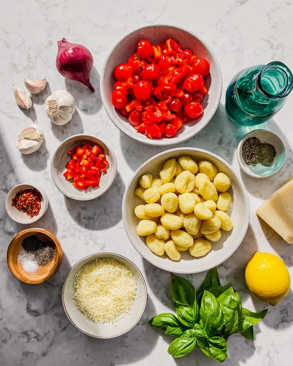 A flat lay of cooking ingredients on a white marbled surface, including a white bowl filled with red grape tomatoes on the left center, a white bowl with chopped red bell peppers below it, and a white bowl with small round yellow gnocchi in the top center. To the right of the gnocchi are a bright yellow lemon, a glass bottle with a green tint and metal pour spout, and fresh green basil leaves at the bottom right. There is a small white bowl with grated cheese below the gnocchi, a small wooden bowl with black pepper, another with coarse salt, and a small dish with red chili flakes near the top left. A red onion and three garlic cloves on a white bowl appear on the far left. The sunlight casts soft shadows on the surface. photo taken with an iphone --ar 4:5 --v 7