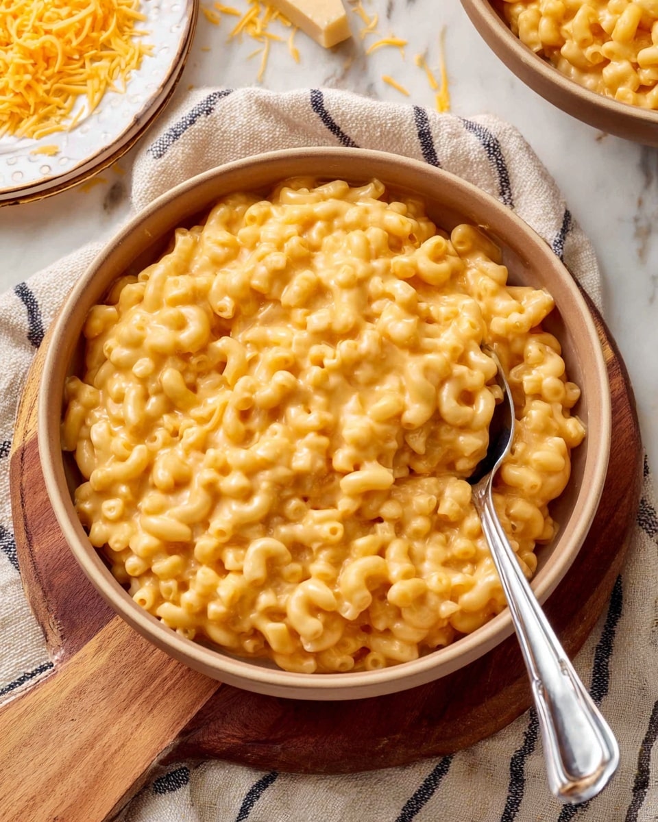A close-up of a bowl of creamy macaroni and cheese showing small, curved macaroni noodles well mixed with a smooth, thick, orange-yellow cheese sauce that coats every piece. The single layer of food fills a round, light brown bowl. A silver spoon is partially dipped into the macaroni on the right side of the bowl. The bowl is placed on a wooden board atop a beige cloth with thin dark stripes. To the left on the cloth, there is a small pile of shredded yellow cheese next to part of a white plate with more shredded cheese. In the background on the top right corner, the edge of another bowl with the same macaroni and cheese is visible. The whole scene is set on a white marbled surface photo taken with an iphone --ar 4:5 --v 7