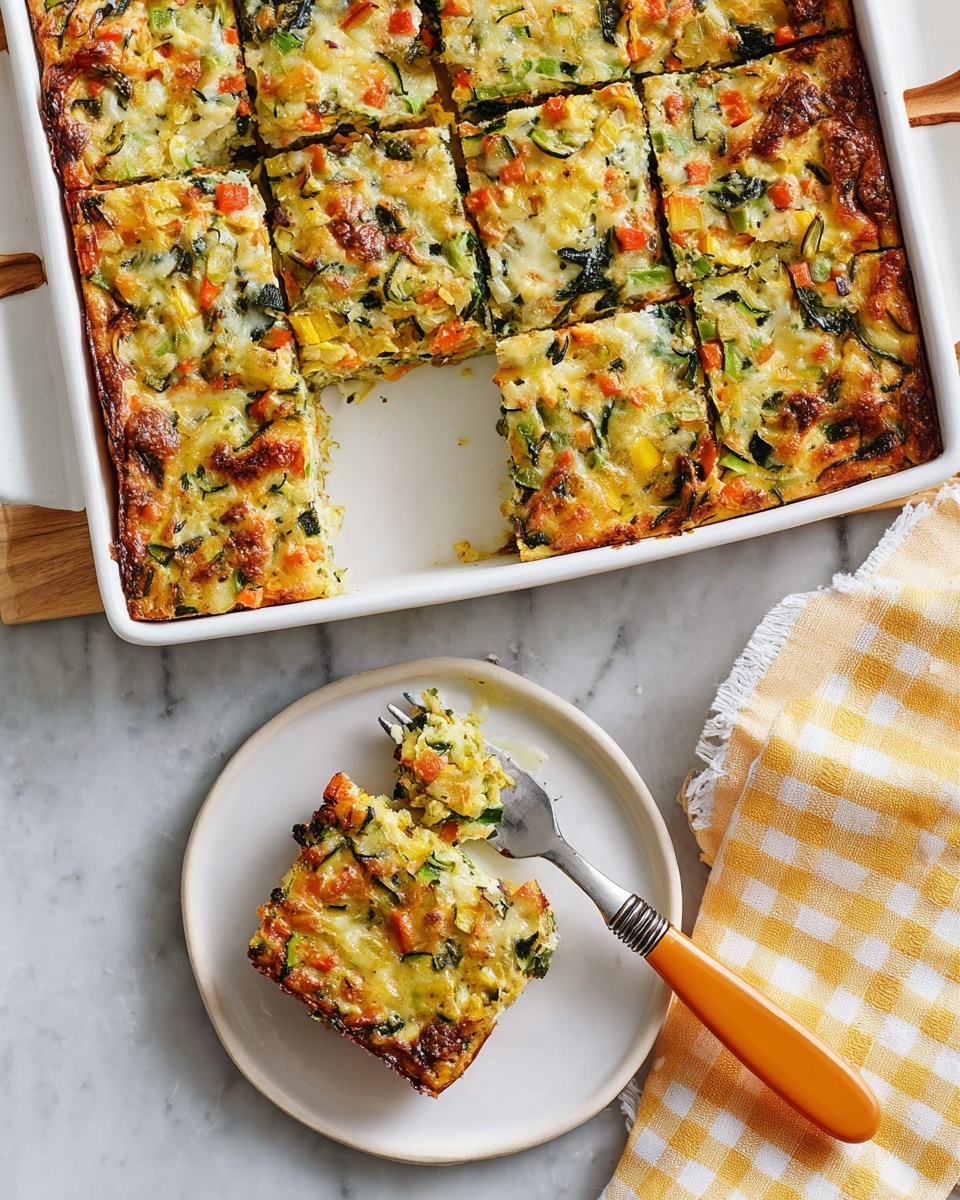 Roasted Potato and Veggie Breakfast Casserole with Cheddar Recipe 5 The image shows a baked vegetable casserole in a white rectangular baking dish, cut into six square pieces with one piece removed. The casserole has a textured top layer with melted golden brown cheese and colorful chunks of green, orange, and yellow vegetables like spinach, carrots, and zucchini spread evenly. A white plate beside the dish holds the removed square piece, showing the multi-layered inside filled with mixed vegetables and melted cheese. A fork with orange and silver handle rests on the plate, holding a small bite of the casserole. The whole scene is set on a white marbled surface with a yellow and white checkered cloth partially visible nearby. photo taken with an iphone --ar 4:5 --v 7