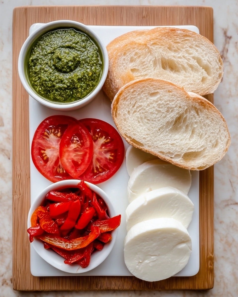 This image shows a wooden board with a white marbled rectangular plate on top holding several fresh ingredients arranged in groups. On the left side is a small white bowl filled with green pesto sauce with a slightly chunky texture. Below it are four round slices of red tomato, each with visible seeds and a juicy look. In the center, on the right side of the tomato, is a small white bowl full of bright red roasted pepper strips. Next to this bowl, on the right, are three smooth white mozzarella slices layered slightly over each other. Above the mozzarella and peppers are four large oval slices of light tan bread with a soft, airy texture and a crusty edge, stacked slightly overlapping. The surface under the board has a white marbled texture. photo taken with an iphone --ar 4:5 --v 7