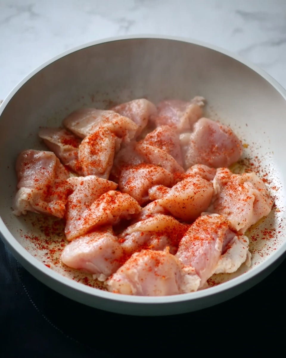 The image shows a white pan filled with several pieces of light pink uncooked chicken. The chicken pieces are spread out evenly across the pan, and they have a light dusting of bright red powder seasoning on top. Steam is rising from the pan, suggesting the chicken is being cooked. The pan sits on a white marbled surface. photo taken with an iphone --ar 4:5 --v 7