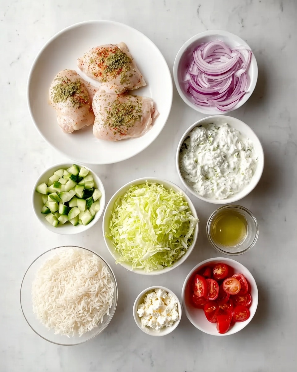 The image shows seven white bowls and plates arranged on a white marbled surface. One large white plate holds three pieces of raw marinated chicken seasoned with herbs and spices, positioned in the top left corner. To the right, a small white bowl contains thinly sliced red onions, beside a medium white bowl filled with creamy yogurt mixed with herbs. Below that, a small white bowl with chopped cucumber pieces sits to the right of a small white bowl filled with halved cherry tomatoes. Another medium white bowl contains shredded lettuce placed in the center of the image, with a small white bowl of crumbled cheese to its left. At the bottom left is a medium white bowl with cooked rice. The scene is lit brightly, showing clear textures and colors. Photo taken with an iphone --ar 4:5 --v 7