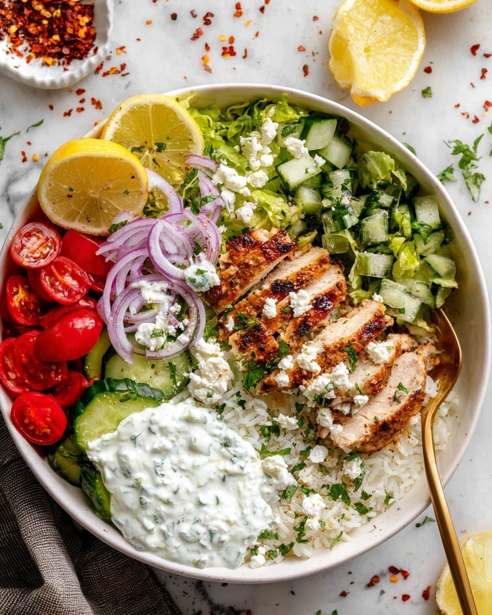 A bowl with five different layers arranged side by side: on the right, sliced grilled chicken with a golden brown color and a slightly crispy texture, topped with white crumbled cheese and green herbs; next to it, a layer of chopped green lettuce; beside the lettuce, thin slices of red onion; next to the onion, diced cucumber pieces with a fresh green color; on the left, a scoop of white yogurt sauce with visible herbs mixed in; at the bottom left, halved bright red cherry tomatoes and two lemon wedges placed on the edge of the bowl; all ingredients are on a bed of white rice at the bottom. The bowl is white, set on a white marbled surface with some red chili flakes scattered around, and there is a gold spoon resting inside the bowl. Photo taken with an iphone --ar 4:5 --v 7