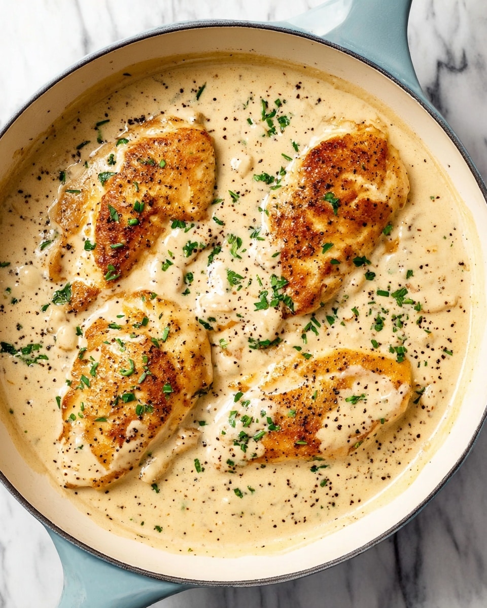 The image shows a light blue pan filled with four pieces of golden brown cooked chicken placed on top of a creamy, light beige sauce. The sauce looks smooth with small specks of green herbs and black pepper sprinkled on top, adding contrast. The chicken pieces are spaced out evenly, each partially covered with the sauce, and garnished with bits of finely chopped green herbs. The pan rests on a white marbled surface. photo taken with an iphone --ar 4:5 --v 7