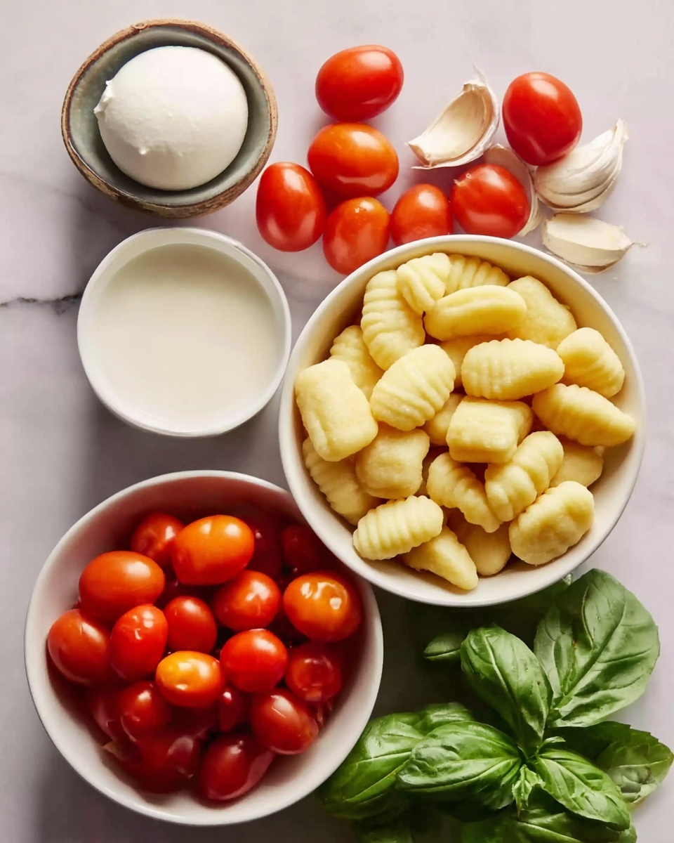 The image shows a close-up of five white bowls arranged on a white marbled surface. The top left bowl is filled with light yellow gnocchi pieces, each with ridged patterns. To the right of it, fresh green basil leaves sit on the white marbled surface next to several garlic cloves with light beige skin. Below the gnocchi, a white bowl holds many small, shiny red cherry tomatoes. To the left of the tomatoes, a white bowl contains a smooth white liquid. In the bottom left corner, a small white bowl holds a smooth white ball of mozzarella cheese. photo taken with an iphone --ar 4:5 --v 7