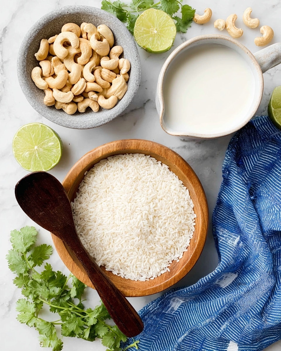 A top view of a food arrangement on a white marbled surface shows four main items: at the bottom center, a wooden bowl filled with white rice grains holds a smooth dark brown wooden spoon resting inside, partially covered by rice; to its top left, a gray ceramic bowl contains light beige cashew nuts with a rough texture; at the top right, a white pouring bowl filled with thick white coconut milk; and scattered around are bright green lime halves and fresh green cilantro leaves for garnish. A blue cloth with white stripes is draped casually around the bottom right edge. Photo taken with an iphone --ar 4:5 --v 7