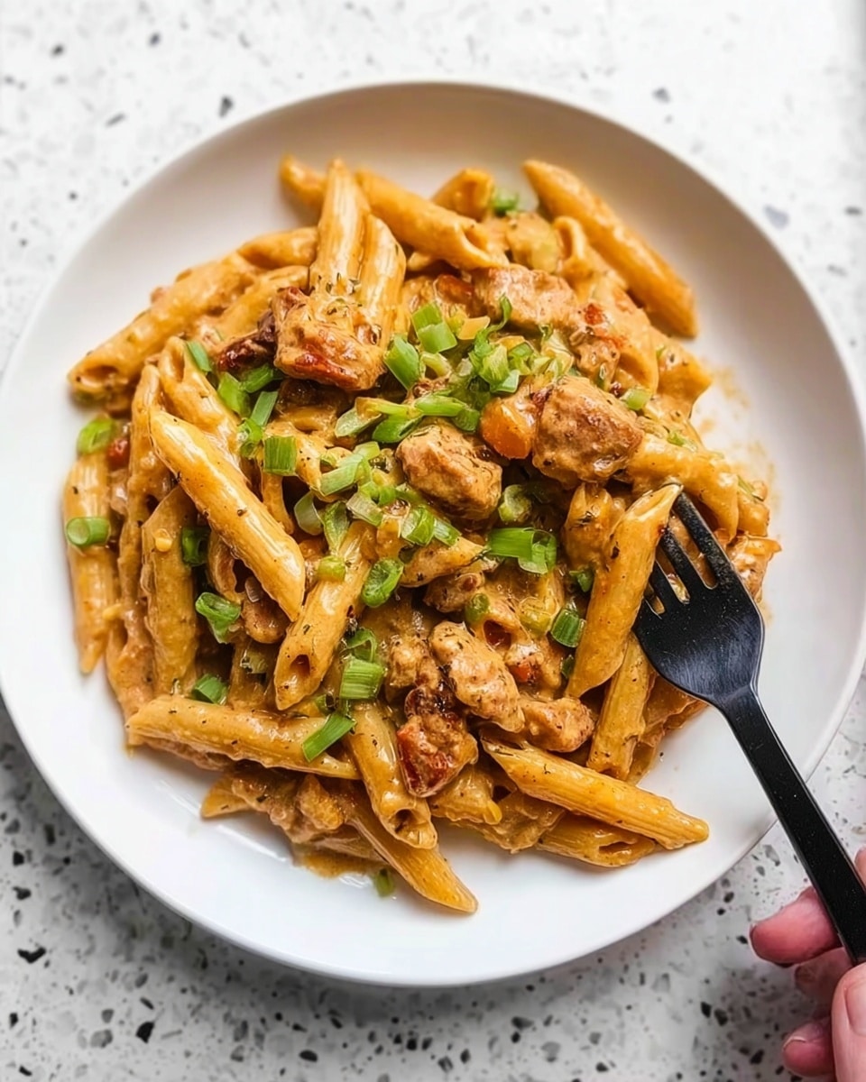 The image shows a white round plate filled with a serving of penne pasta coated in a creamy orange sauce. The pasta is mixed with pieces of light brown cooked meat and topped with chopped green onions for a pop of color. A black fork is placed on the right side of the plate, partially resting in the pasta, with a woman's hand holding the fork. The background has a white marbled surface with small gray spots. The dish looks warm and hearty with a smooth sauce that lightly covers the pasta and meat. photo taken with an iphone --ar 4:5 --v 7