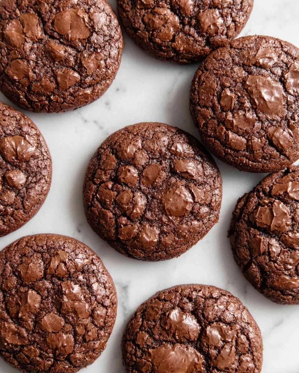 A close-up top view of a group of nine round, flat chocolate cookies arranged on a white marbled surface. The cookies have a cracked texture with shiny, darker brown spots across their tops, showing a slightly baked and soft look. The cookies are spread out with some edges touching each other, with the center cookie slightly overlapping the others around it. photo taken with an iphone --ar 4:5 --v 7