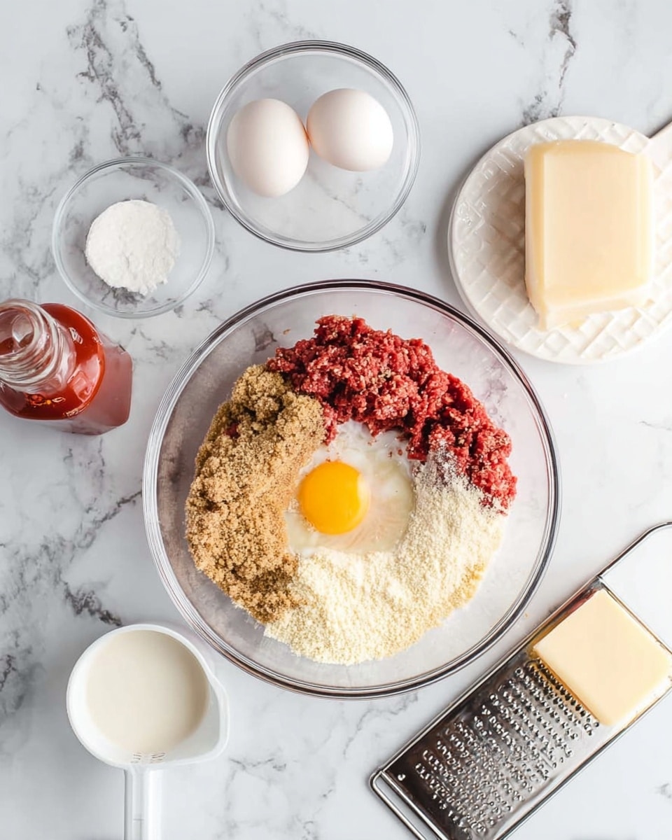 A glass bowl sits on a white marbled surface, containing layers of ingredients for a mixture: fresh red ground meat at the bottom, topped with light brown breadcrumbs on one side, a raw egg yolk with clear egg white in the center, and a pale grated cheese powder on the other side. Around the bowl, there is a smaller glass dish holding two halves of an eggshell, a small clear bowl with white liquid, a white measuring cup with some white powder inside, a bottle of red sauce, and a white grater with a block of white cheese resting on top. Photo taken with an iphone --ar 4:5 --v 7