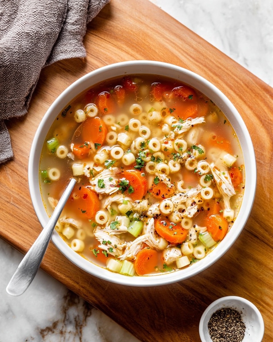 A white bowl filled with clear broth soup containing several layers: round carrot slices in bright orange, small diced celery pieces in light green, shredded light brown chicken pieces, and small tube-shaped pasta in pale yellow scattered throughout. The soup is garnished with small green herb bits on top and black pepper sprinkles. A silver spoon rests inside the bowl on the left side. The bowl is placed on a wooden board with a small white dish holding ground black pepper beside it. The background shows a folded gray cloth on a white marbled surface. Photo taken with an iphone --ar 4:5 --v 7