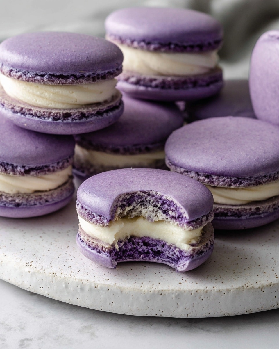 A close-up of purple macarons arranged on a round white plate with a rough texture, set on a white marbled surface. Each macaron has two smooth, round purple shells with a slightly rough edge, sandwiching a thick cream-colored filling layer in the middle. One macaron in the front has a bite taken out of it, showing the soft and crumbly inside of the purple shell around the creamy filling. The rest of the macarons are whole, stacked and angled naturally in the background. photo taken with an iphone --ar 4:5 --v 7