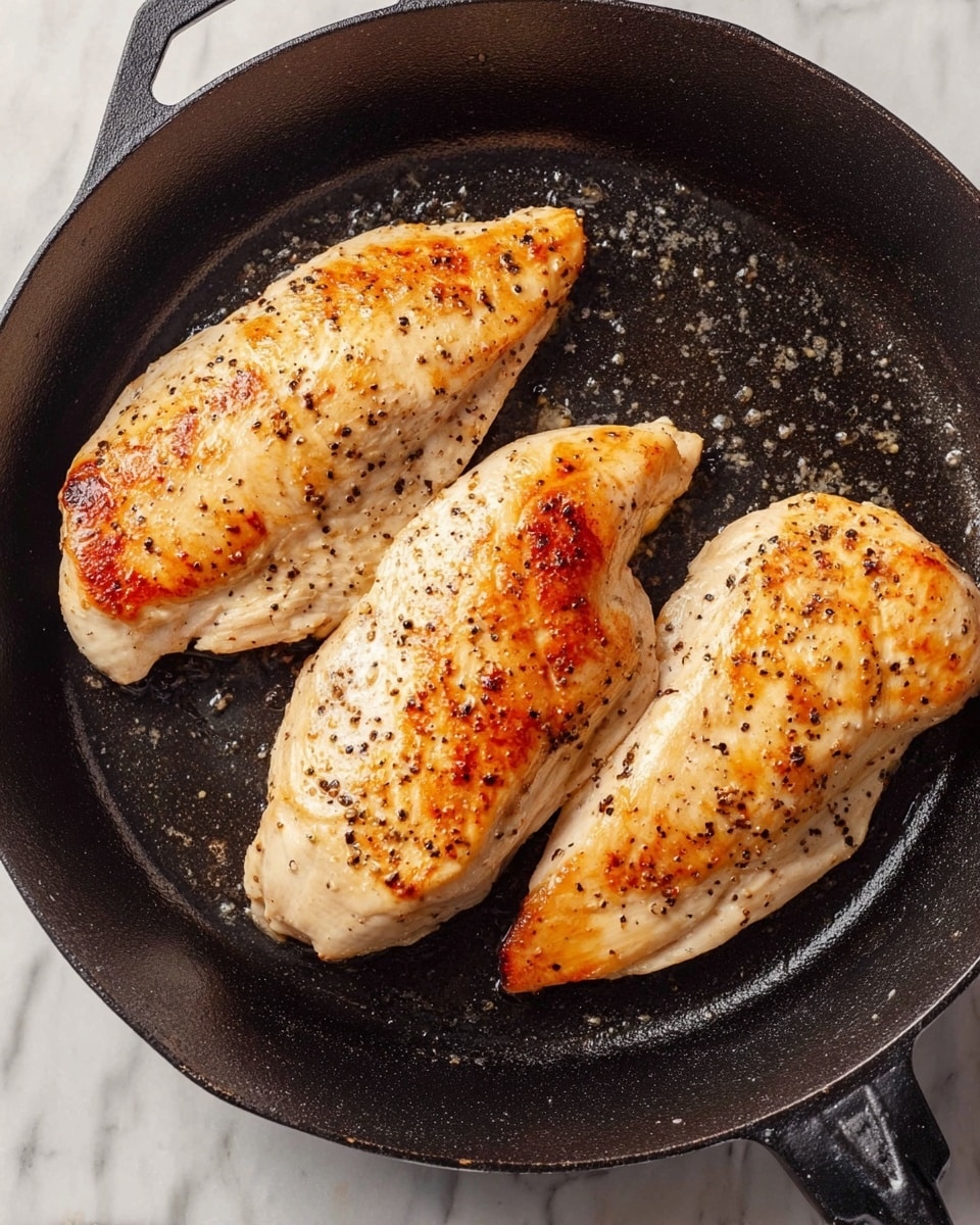 The image shows three cooked chicken fillets in a black cast iron pan. Each fillet has a light golden brown color with darker spots where it is grilled, and specks of black pepper are visible on the surface. The chicken pieces look juicy with a slightly shiny texture, sitting flat inside the pan on a worn, slightly oily cooking surface. The background is a white marbled texture. photo taken with an iphone --ar 4:5 --v 7